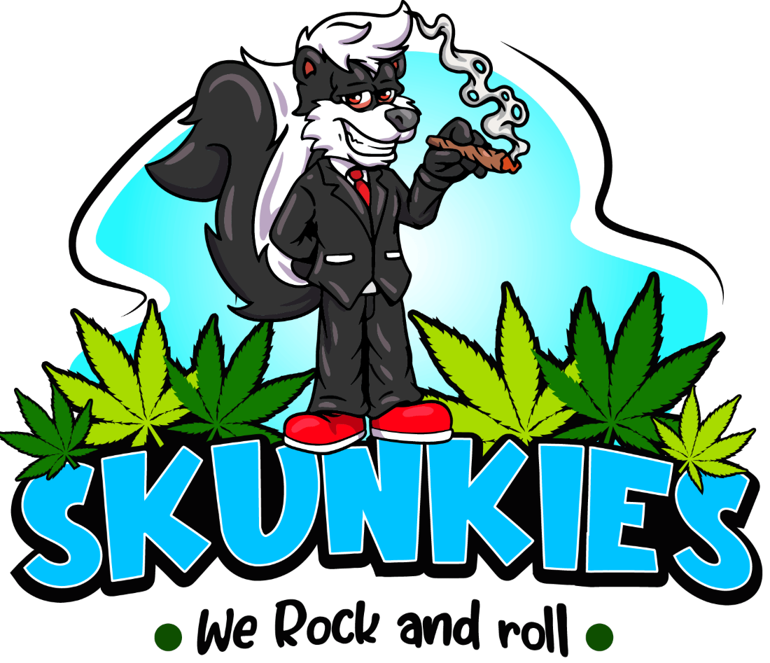 The Skunkies logo: the mascot in a black suit, red tie and red sneakers above the Skunkies wordmark and the line We Rock and roll