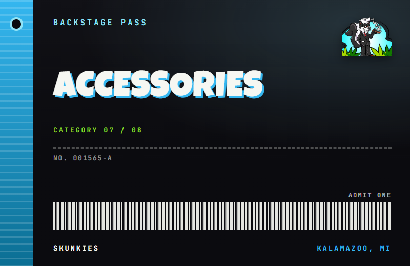 Backstage pass tag for Accessories, with a lanyard hole and barcode.