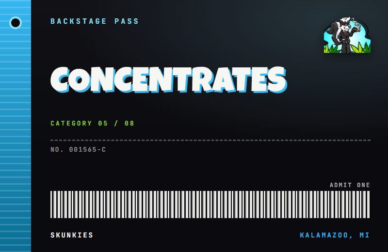 Backstage pass tag for Concentrates, with a lanyard hole and barcode.