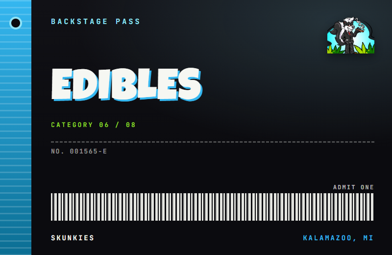 Backstage pass tag for Edibles, with a lanyard hole and barcode.