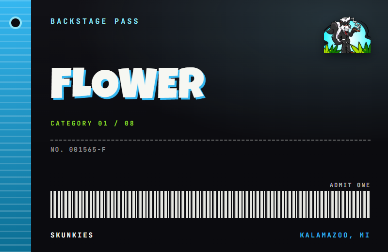 Backstage pass tag for Flower, with a lanyard hole and barcode.
