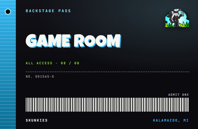 Backstage pass tag for the Shop page, with a lanyard hole and barcode.