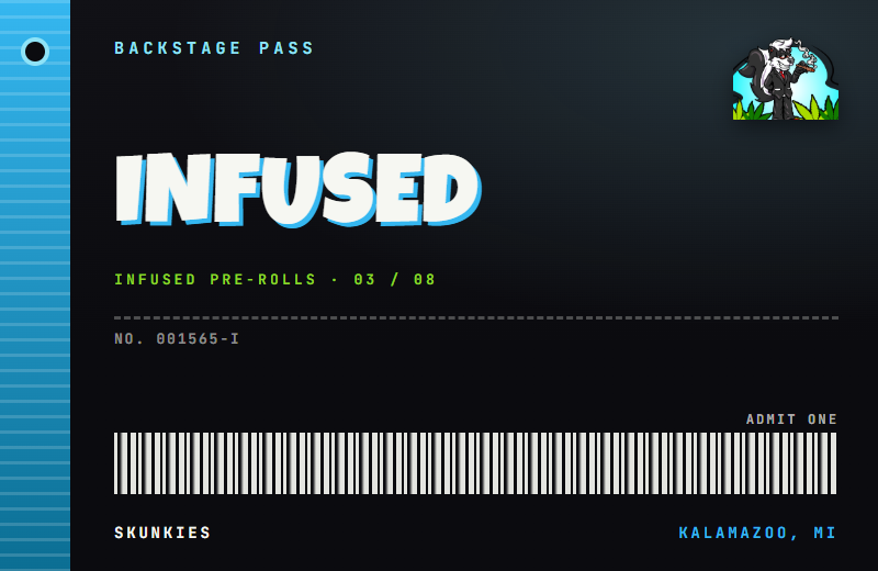 Backstage pass tag for Infused Pre-Rolls, with a lanyard hole and barcode.