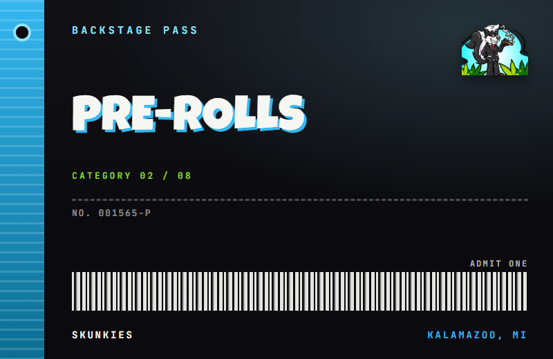 Backstage pass tag for Pre-Rolls, with a lanyard hole and barcode.