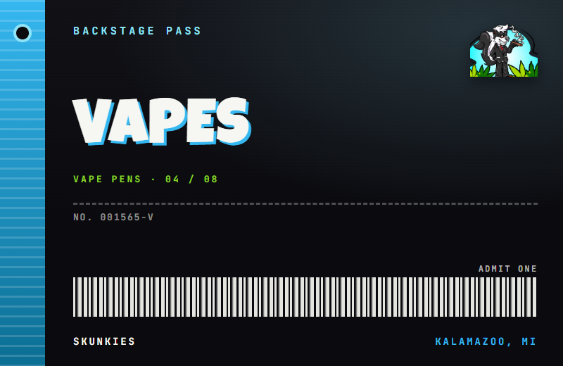 Backstage pass tag for Vape Pens, with a lanyard hole and barcode.
